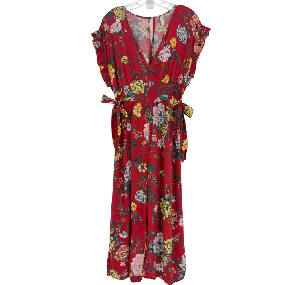 Xhilaration Women's Red Floral Ruffle Sleeve Wide Leg Jumpsuit Size‎ Medium